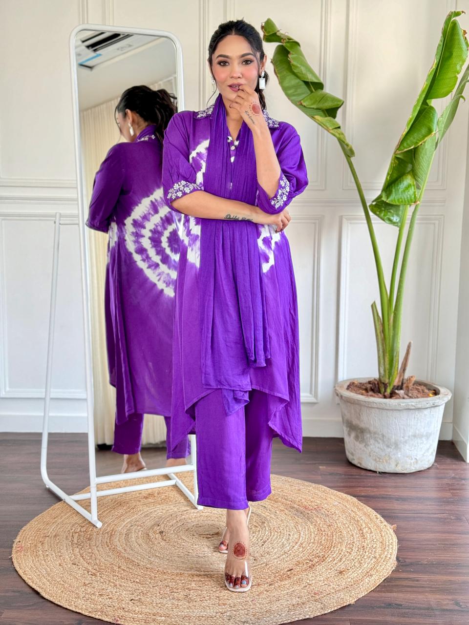 Royal Purple Tie-Dye Cape Set with Embellished Collar