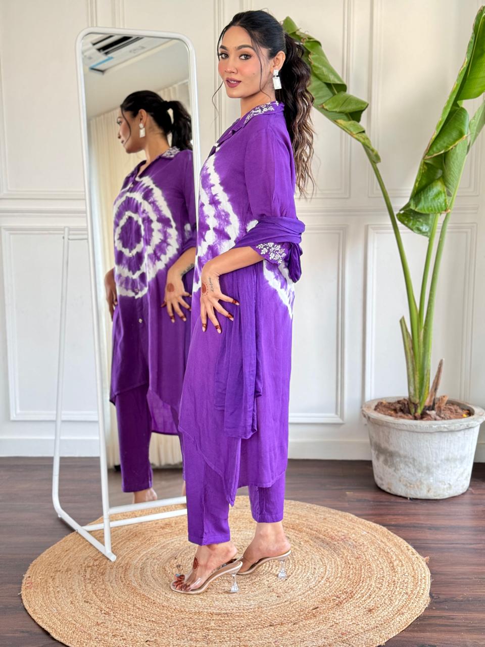 Royal Purple Tie-Dye Cape Set with Embellished Collar