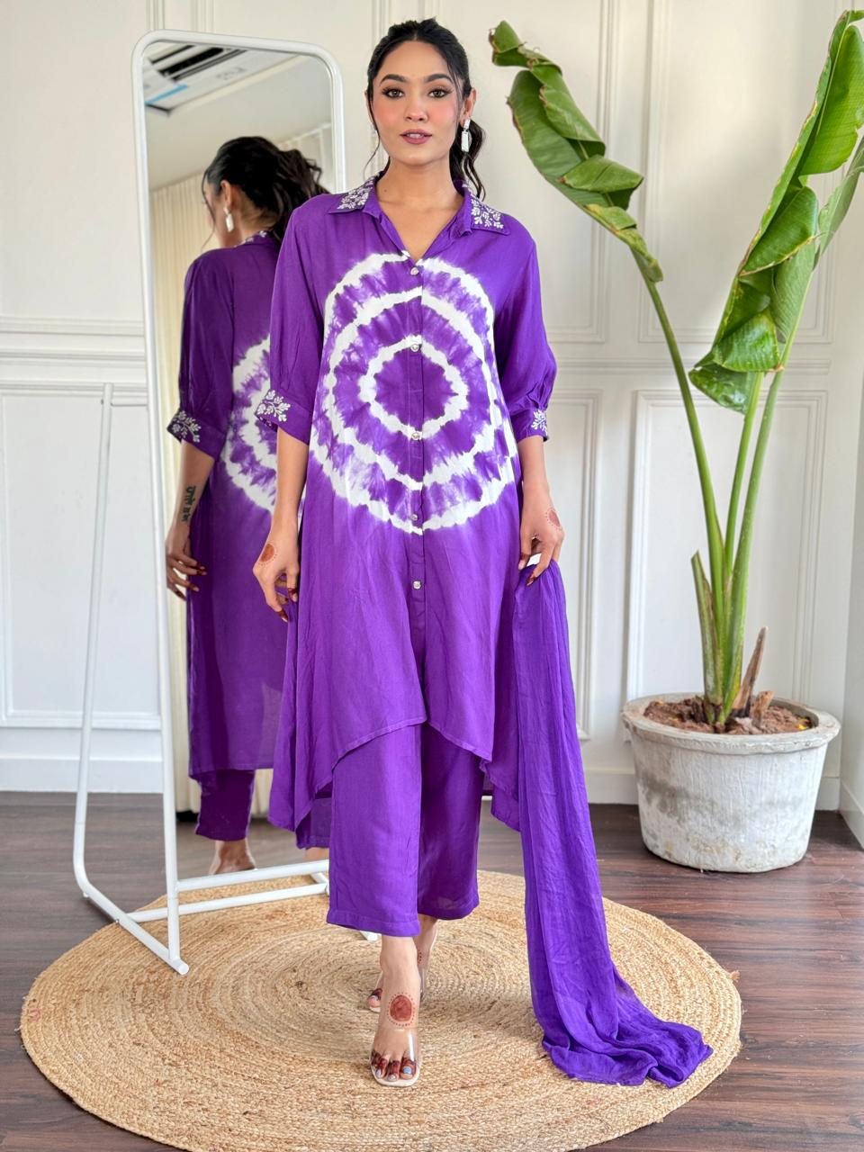 Royal Purple Tie-Dye Cape Set with Embellished Collar