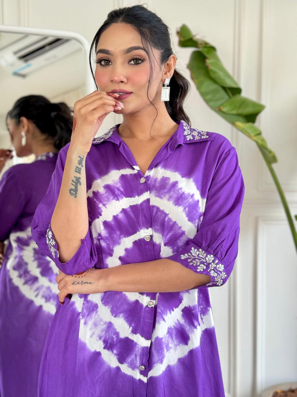 Royal Purple Tie-Dye Cape Set with Embellished Collar