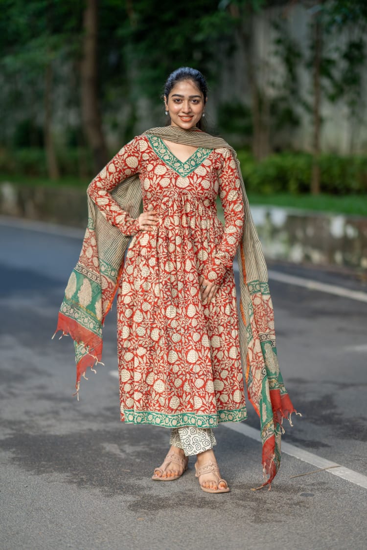 Red Floral Anarkali Set with Green Cotton Dupatta