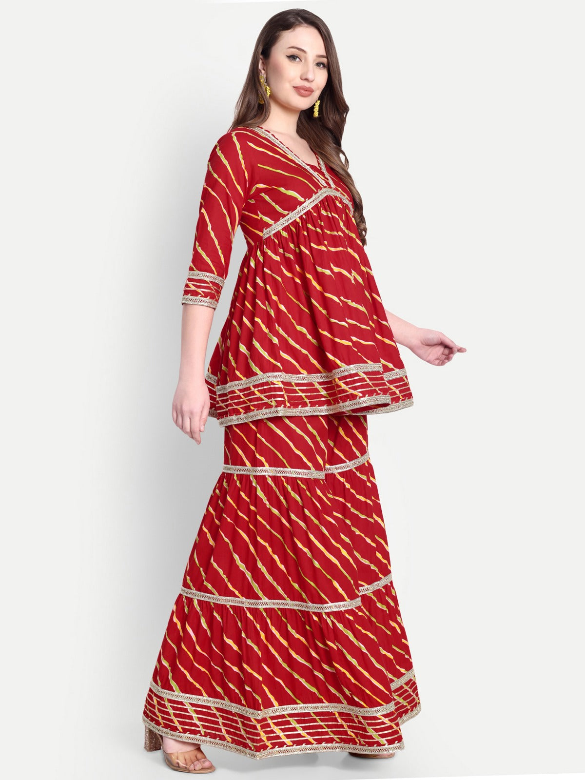 Red Bandhani Gharara Set with Gota Lace Detailing