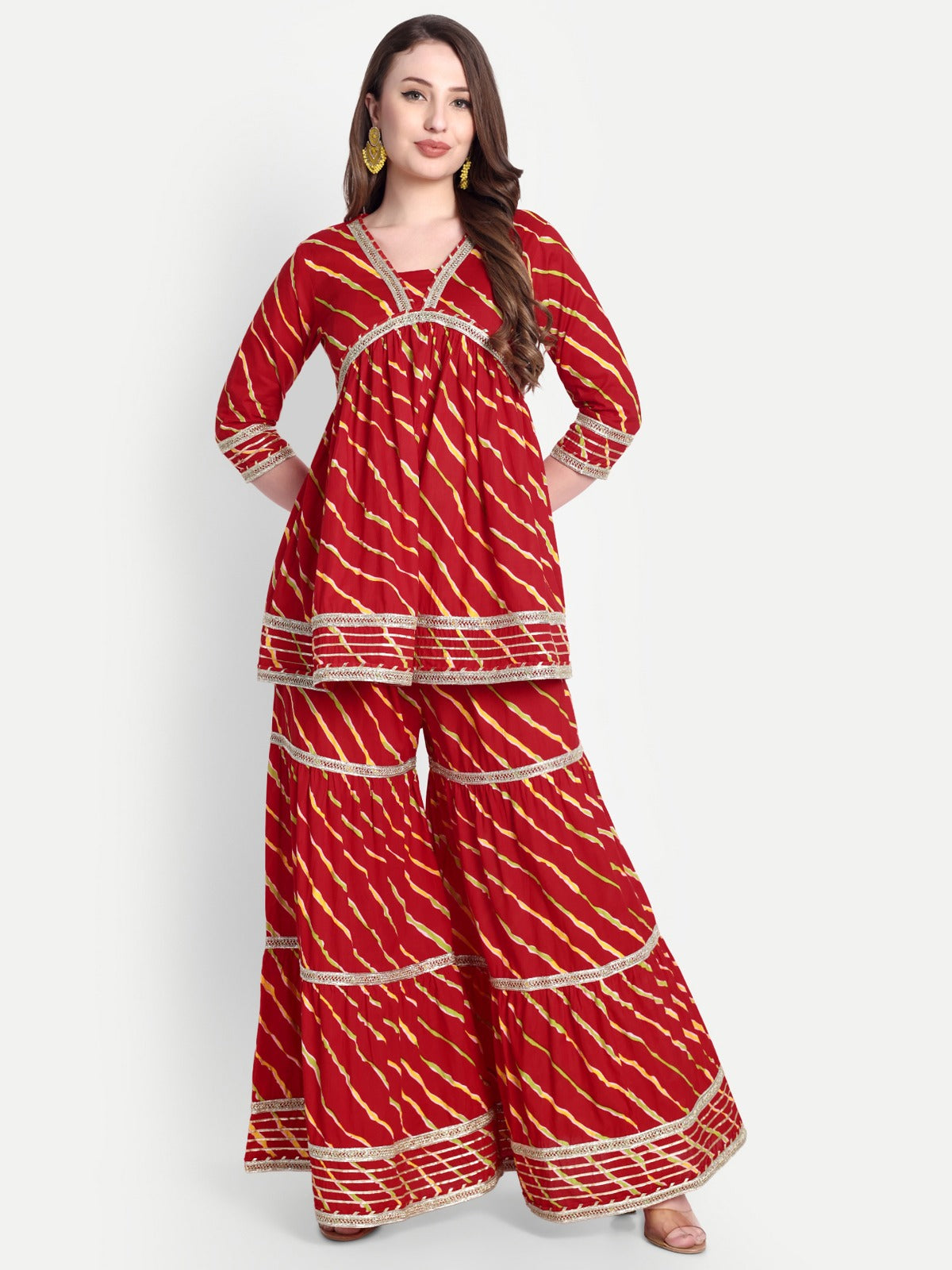 Red Bandhani Gharara Set with Gota Lace Detailing
