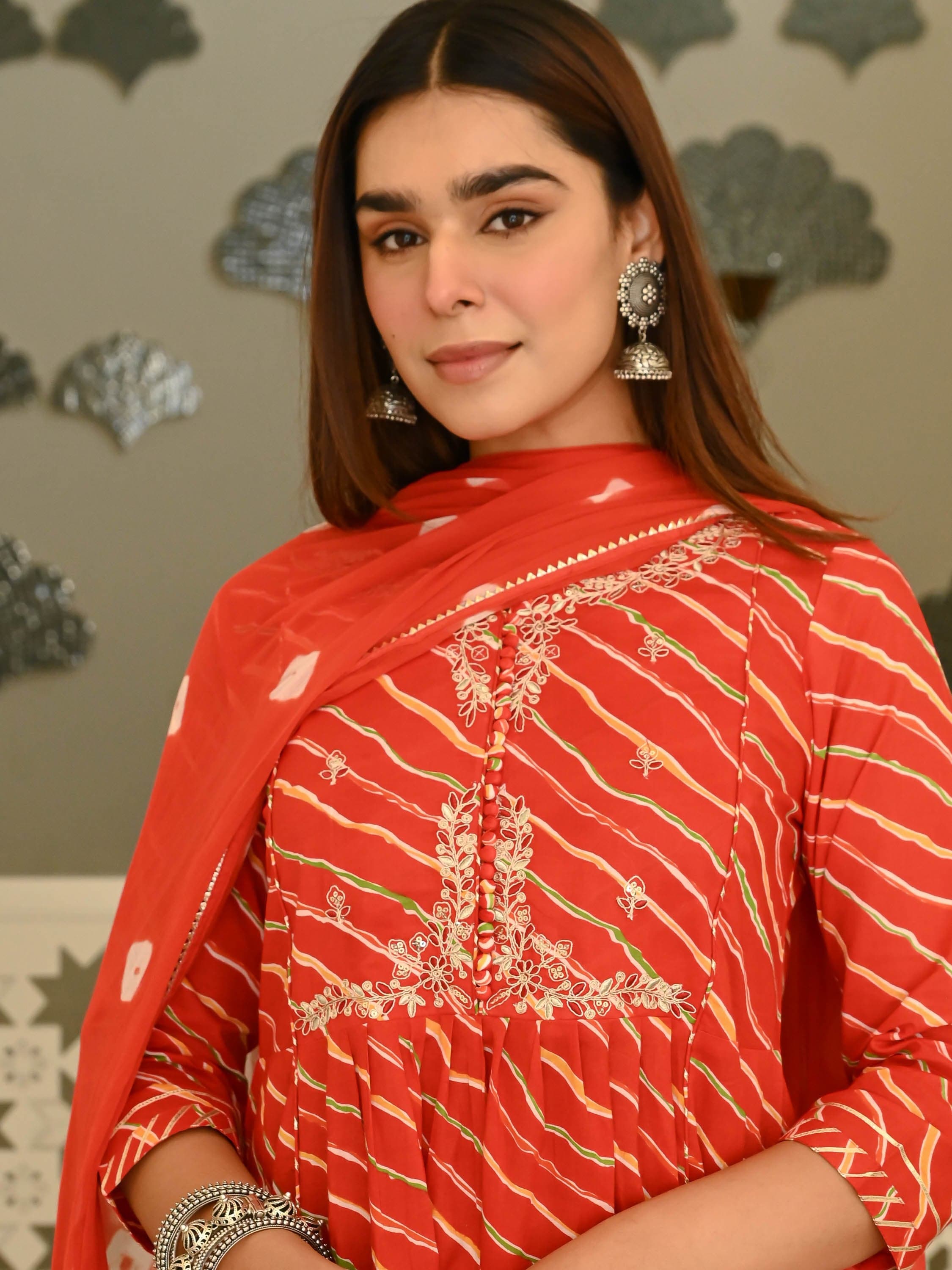 Red Bandhani Anarkali Set with Embroidered Detailing