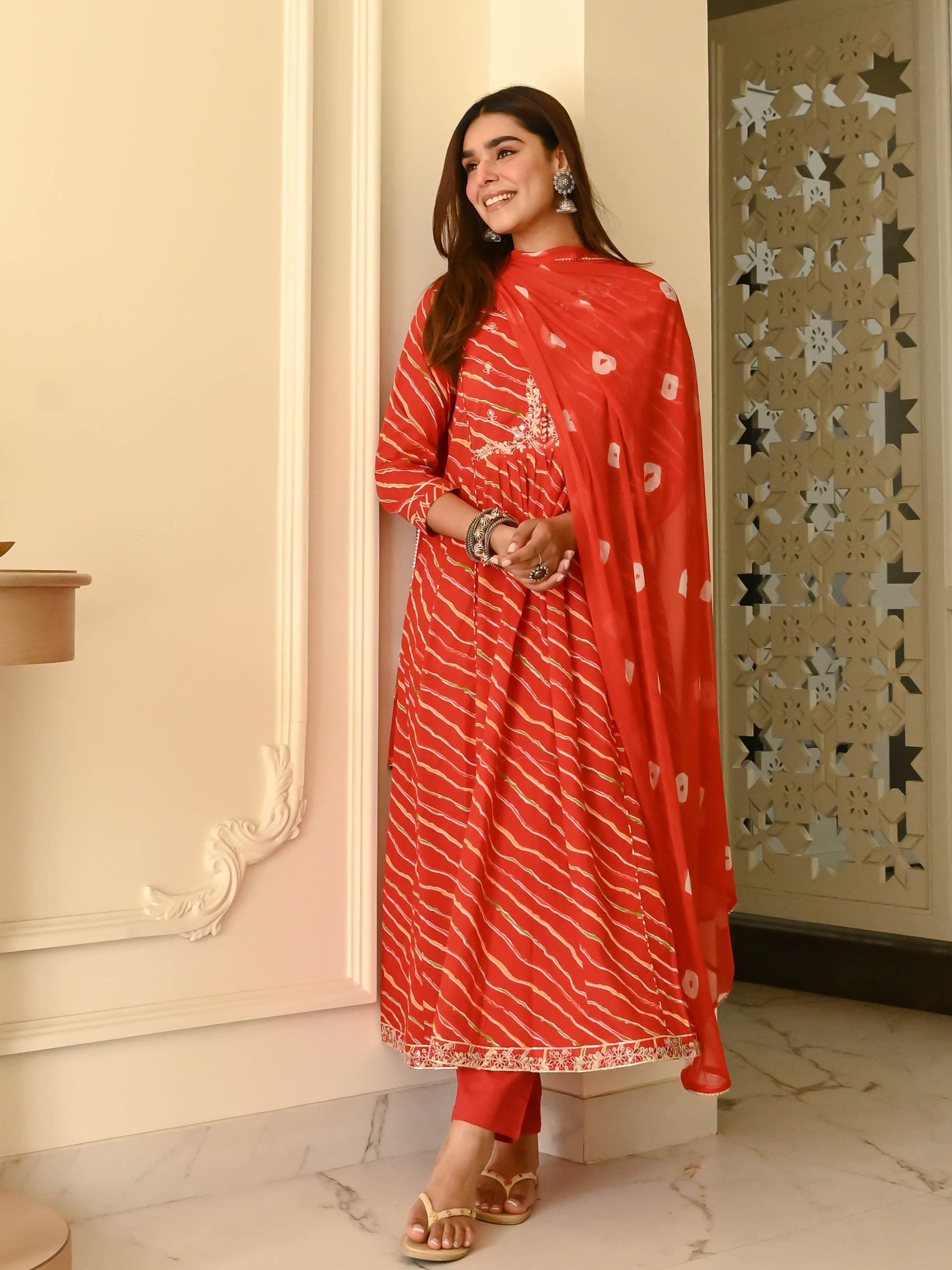 Red Bandhani Anarkali Set with Embroidered Detailing