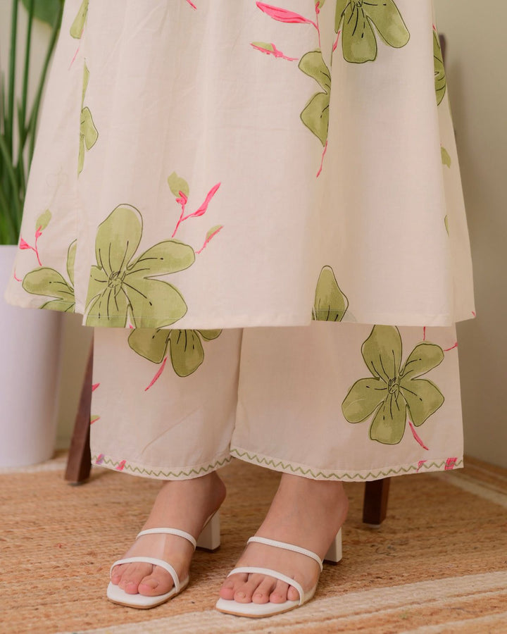 Ivory Floral Co-Ord Set with Pintuck Detailing