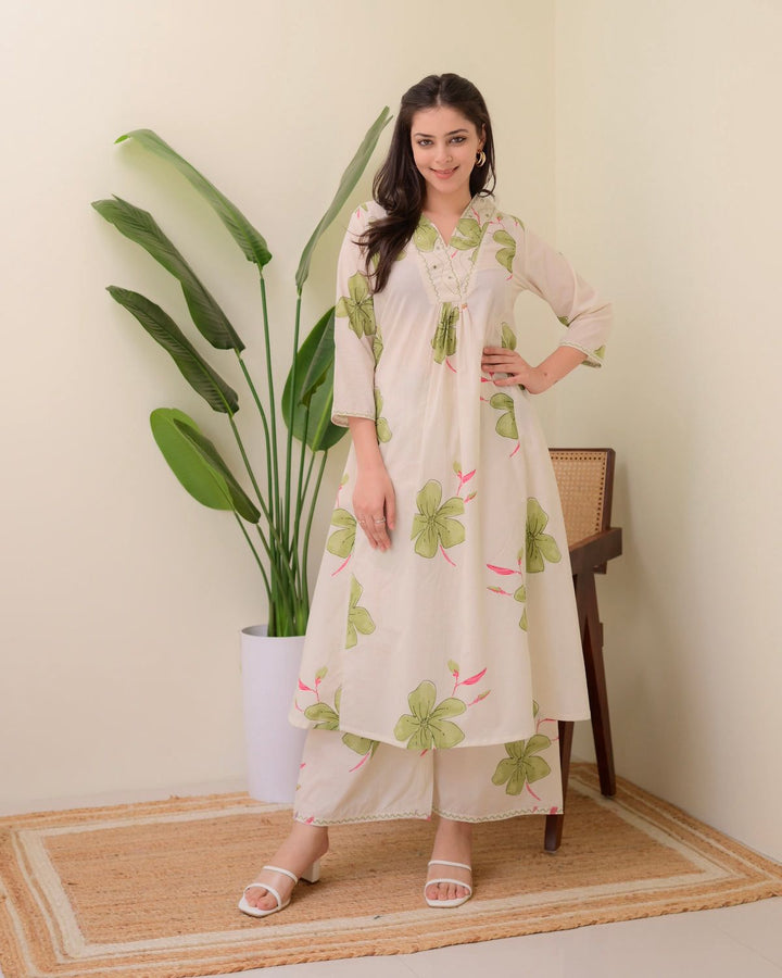 Ivory Floral Co-Ord Set with Pintuck Detailing