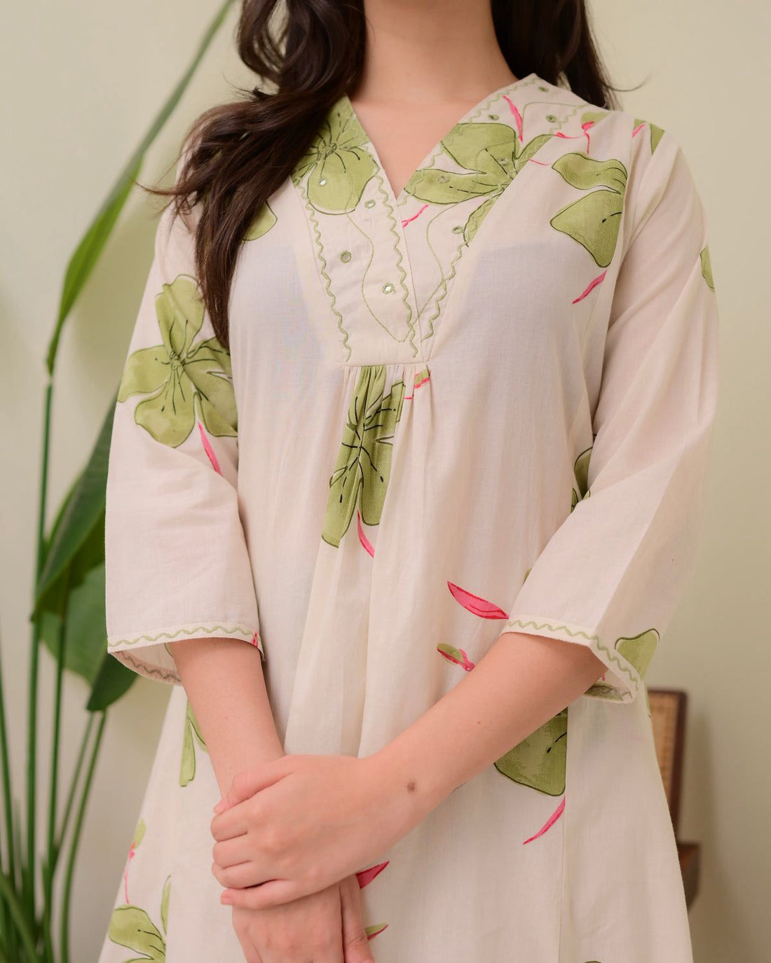 Ivory Floral Co-Ord Set with Pintuck Detailing