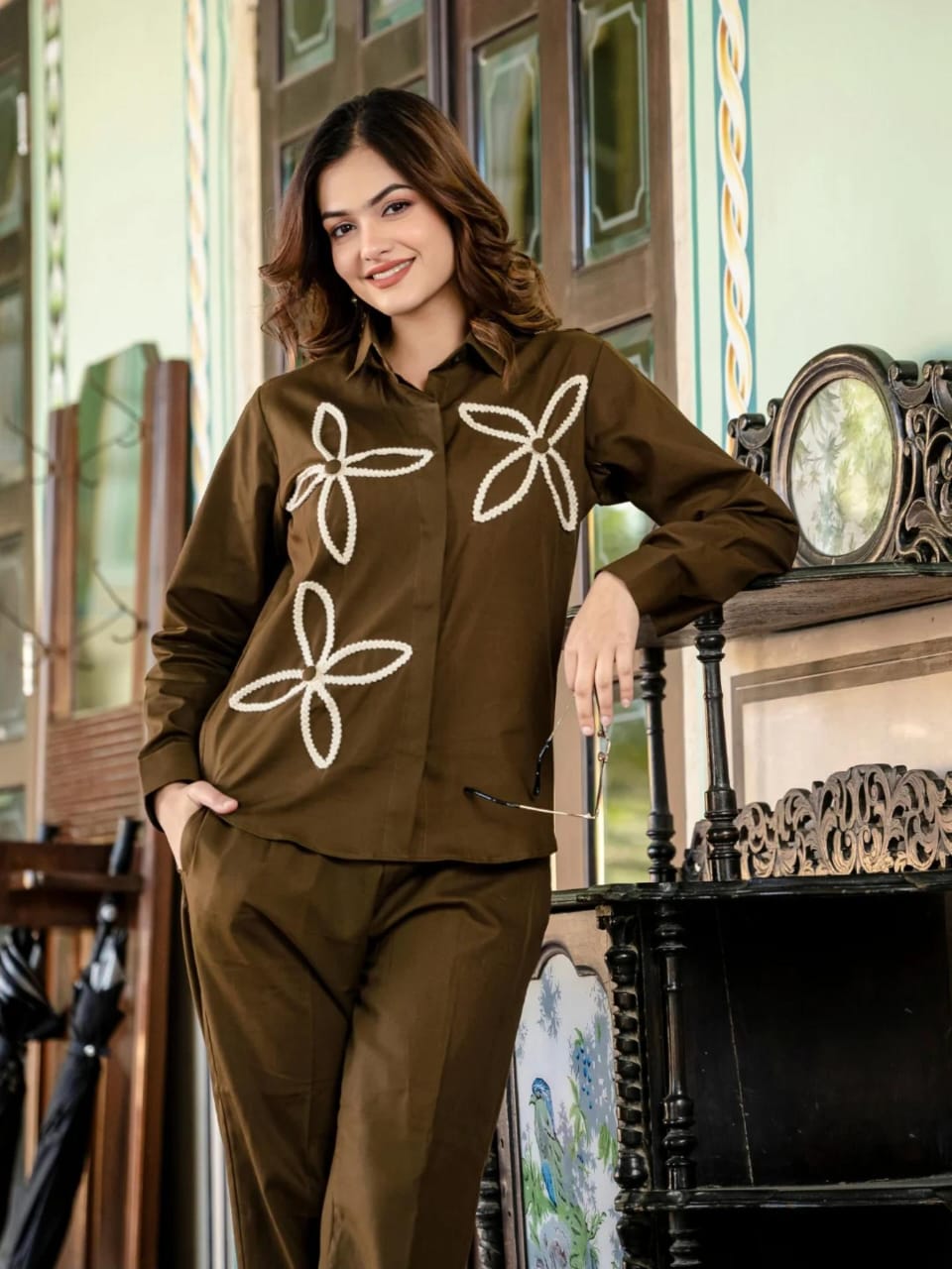 Elegant Brown Co-ord Set with Floral Embroidery