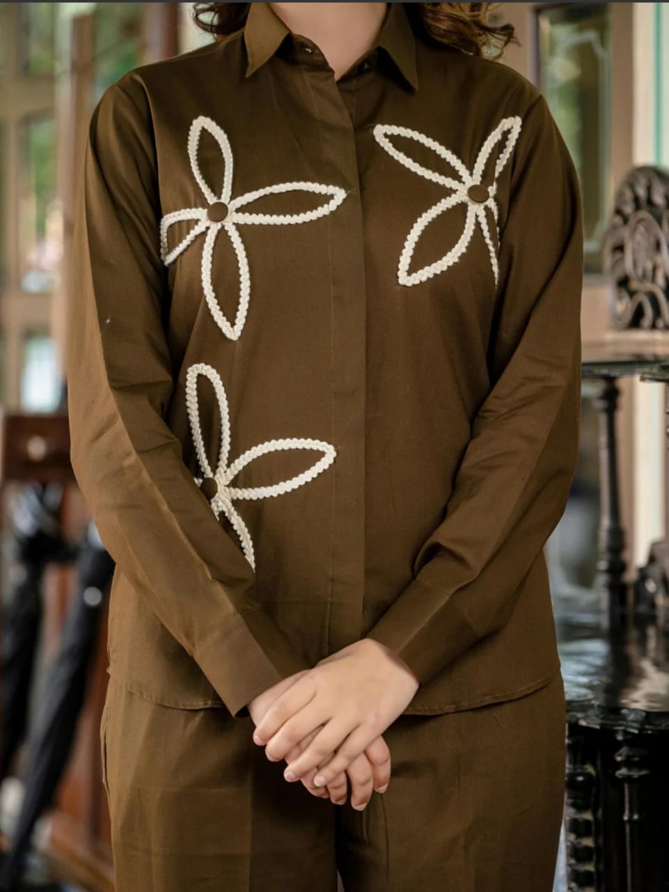 Elegant Brown Co-ord Set with Floral Embroidery