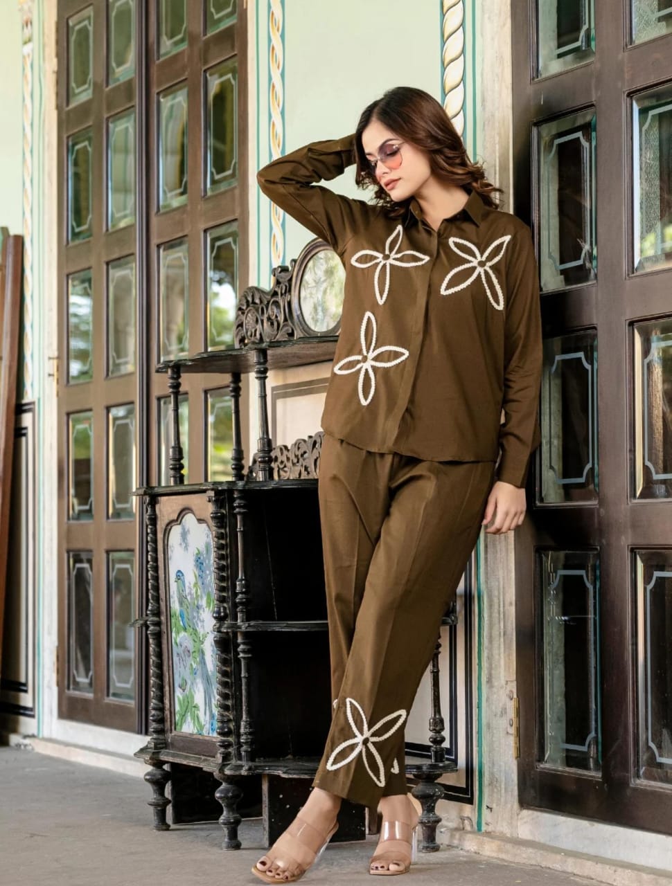 Elegant Brown Co-ord Set with Floral Embroidery
