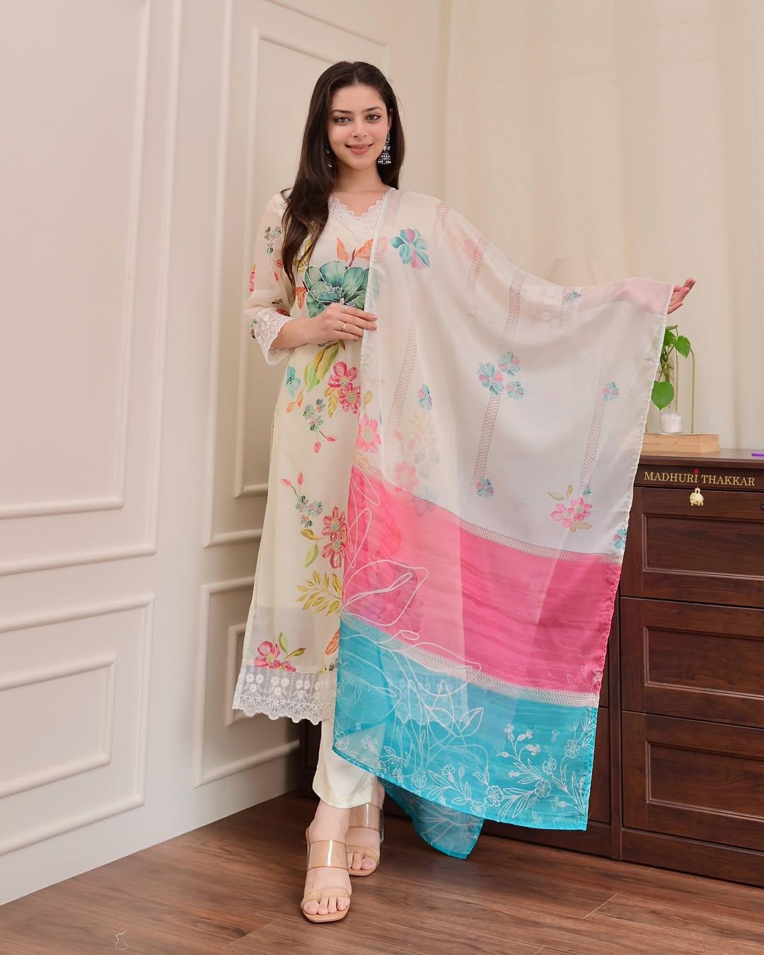 Ivory Floral Silk Kurta Set with Multicolour Dupatta