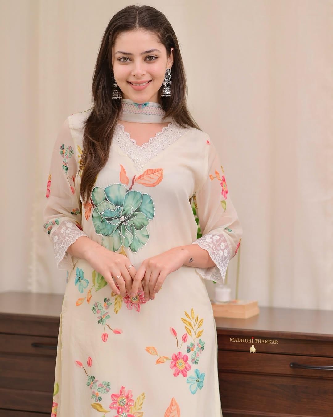 Ivory Floral Silk Kurta Set with Multicolour Dupatta