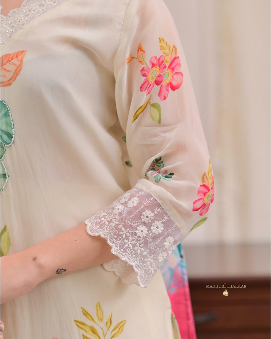 Ivory Floral Silk Kurta Set with Multicolour Dupatta