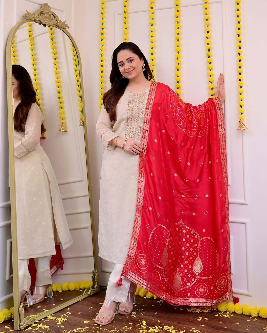 Ivory Silk Kurta Set with Red Embroidered Dupatta