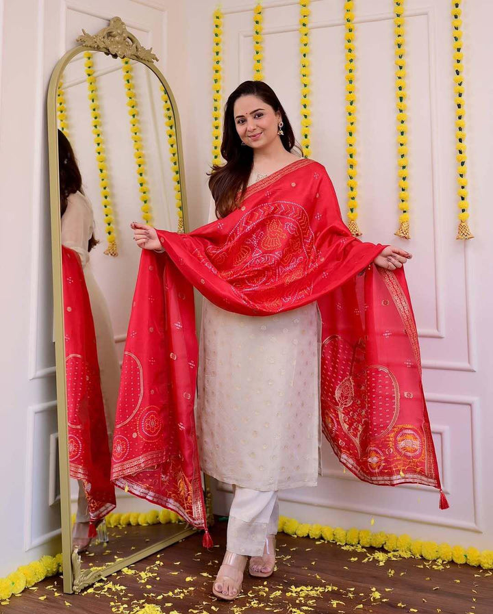 Ivory Silk Kurta Set with Red Embroidered Dupatta