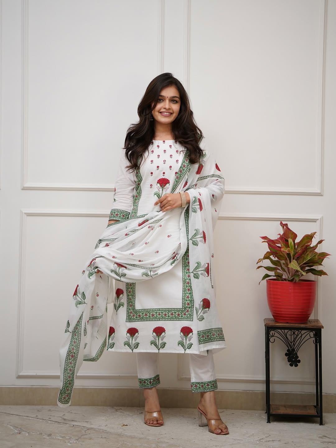 White Handblock Printed Suit Set