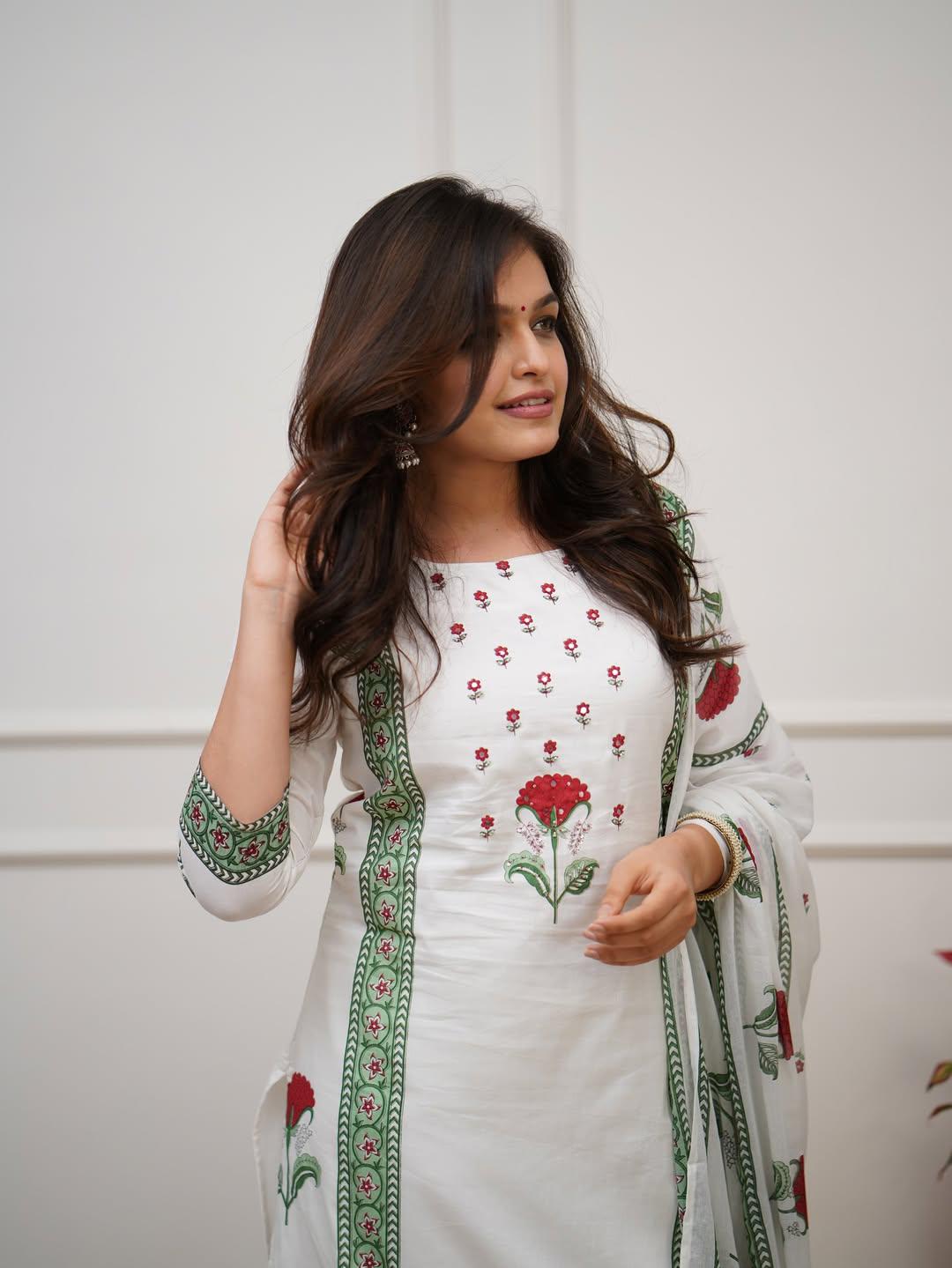 White Handblock Printed Suit Set