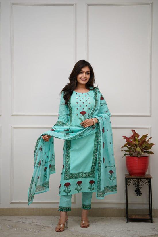 Blue Handblock Printed Suit Set