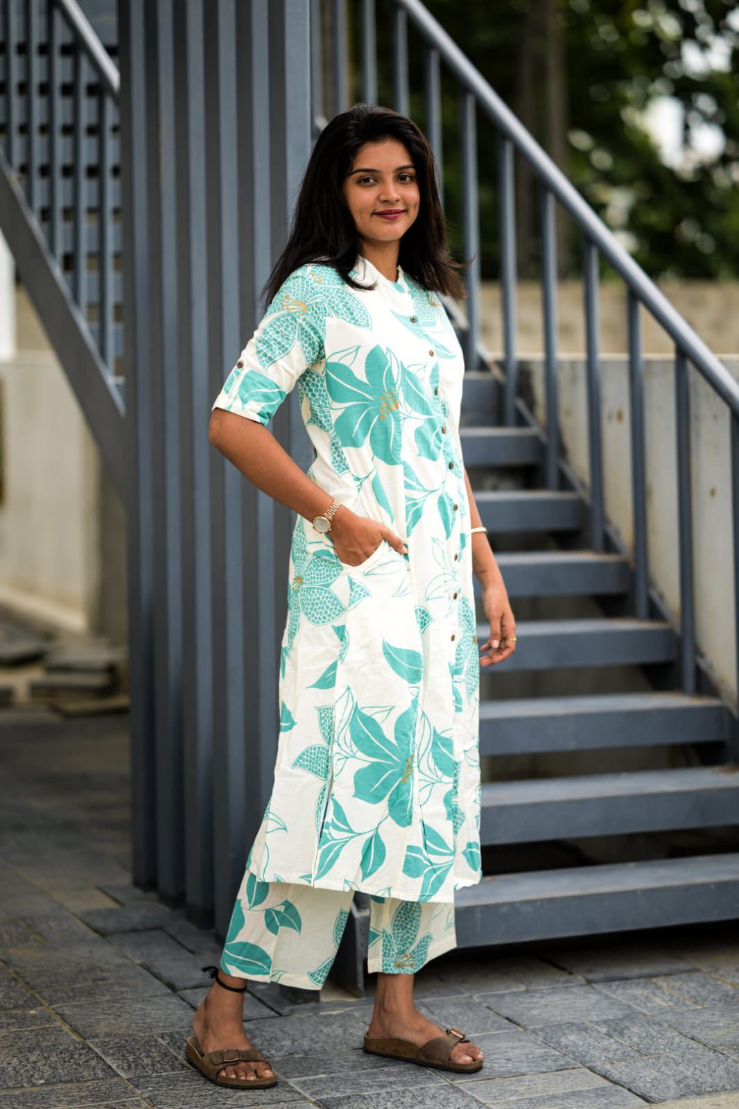 Floral Button-Down Kurta with Matching Pants