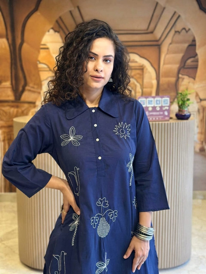 Navy Blue Embroidered Kurta Set with Minimal Collar Neck