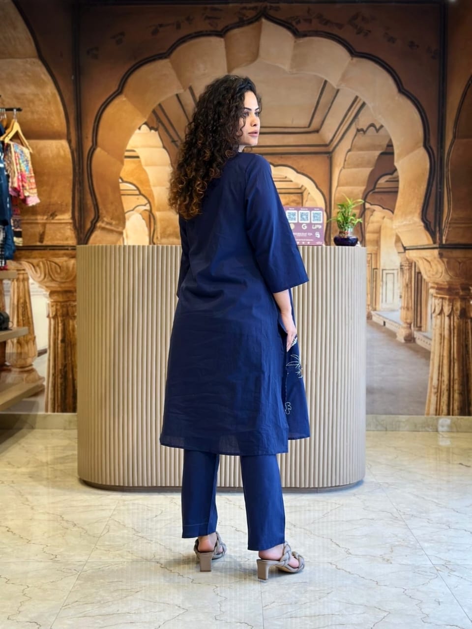 Navy Blue Embroidered Kurta Set with Minimal Collar Neck