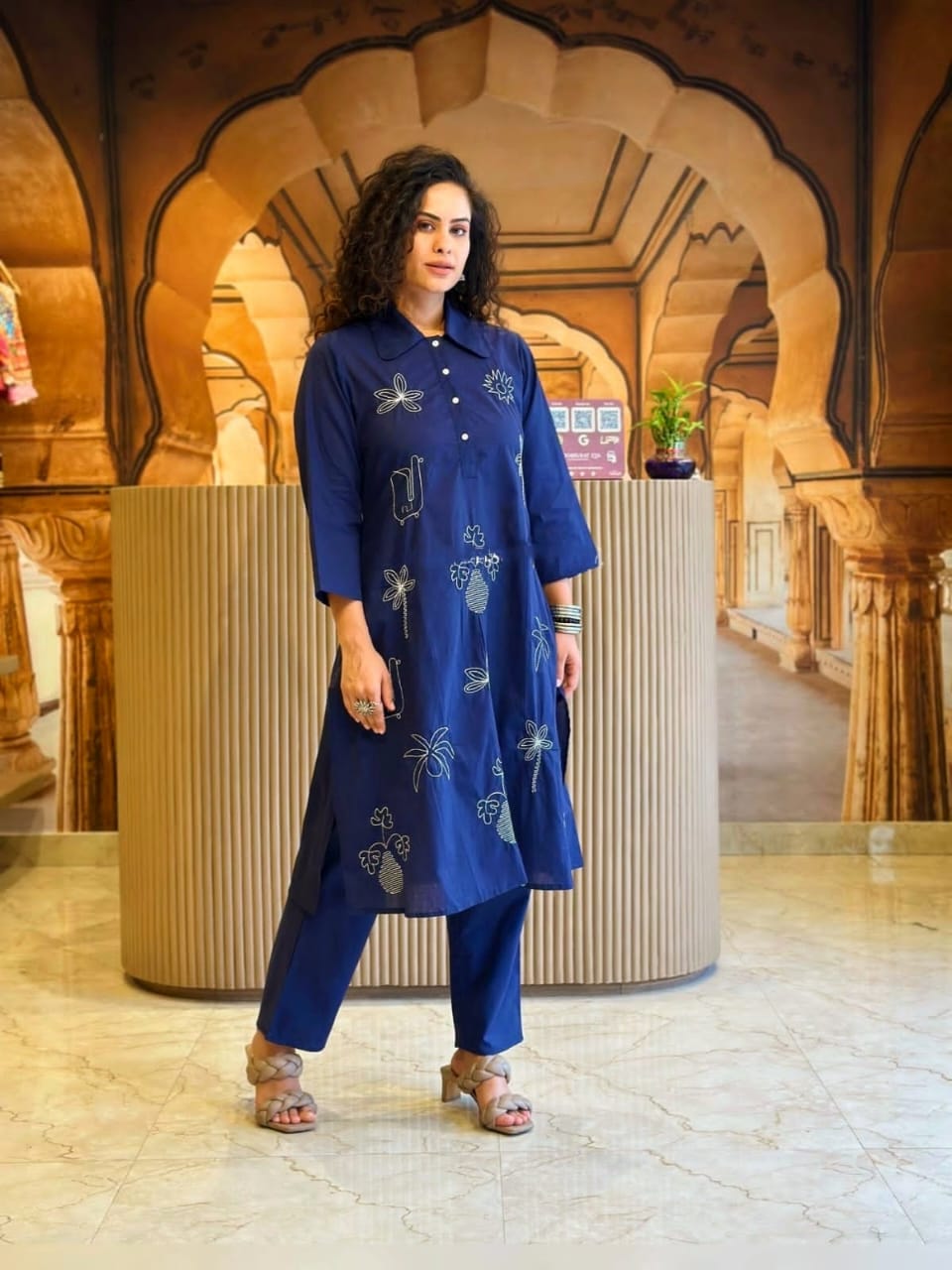 Navy Blue Embroidered Kurta Set with Minimal Collar Neck