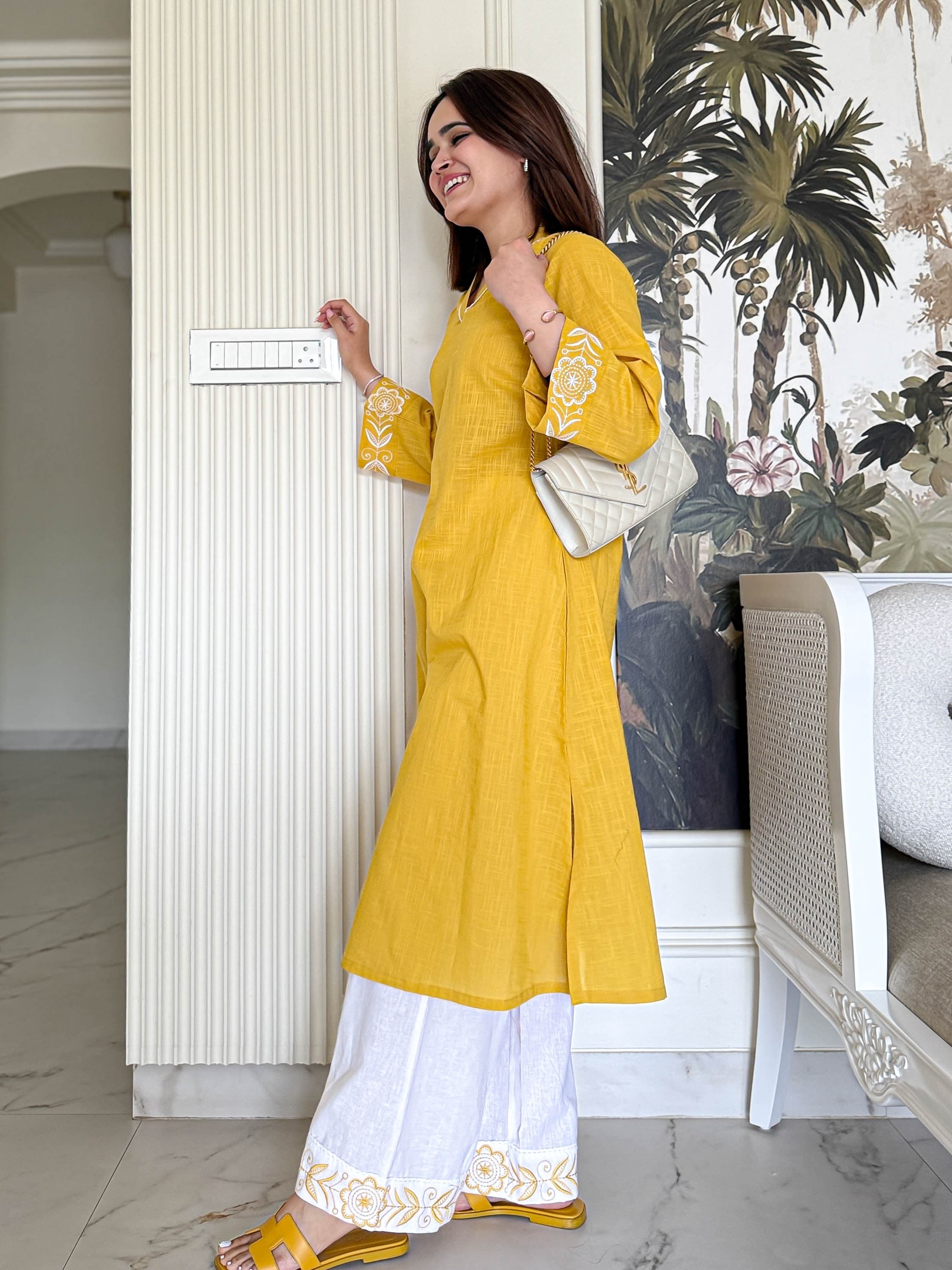 Mustard Yellow Kurta with White Embroidered Detailing