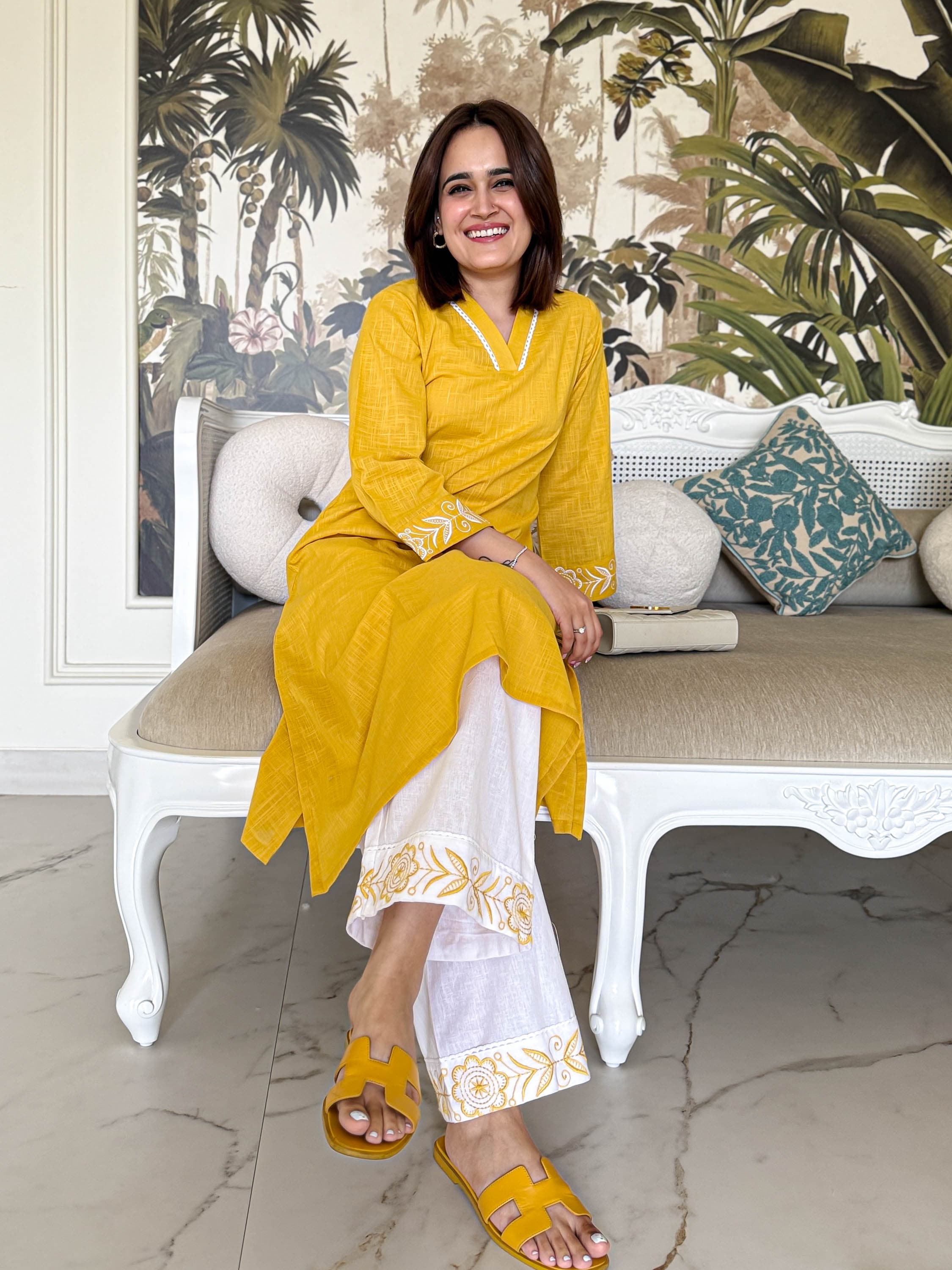 Mustard Yellow Kurta with White Embroidered Detailing