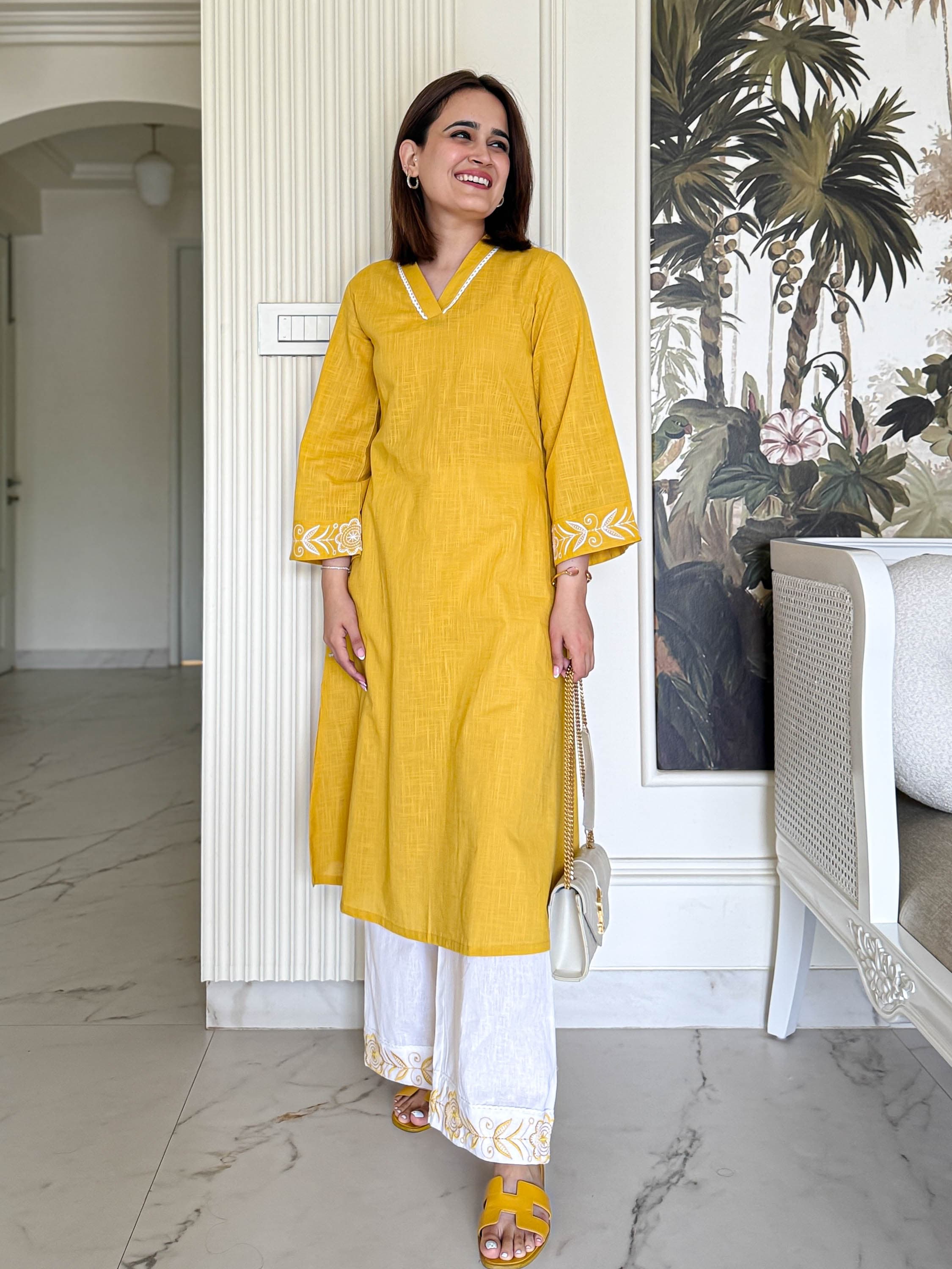 Mustard Yellow Kurta with White Embroidered Detailing
