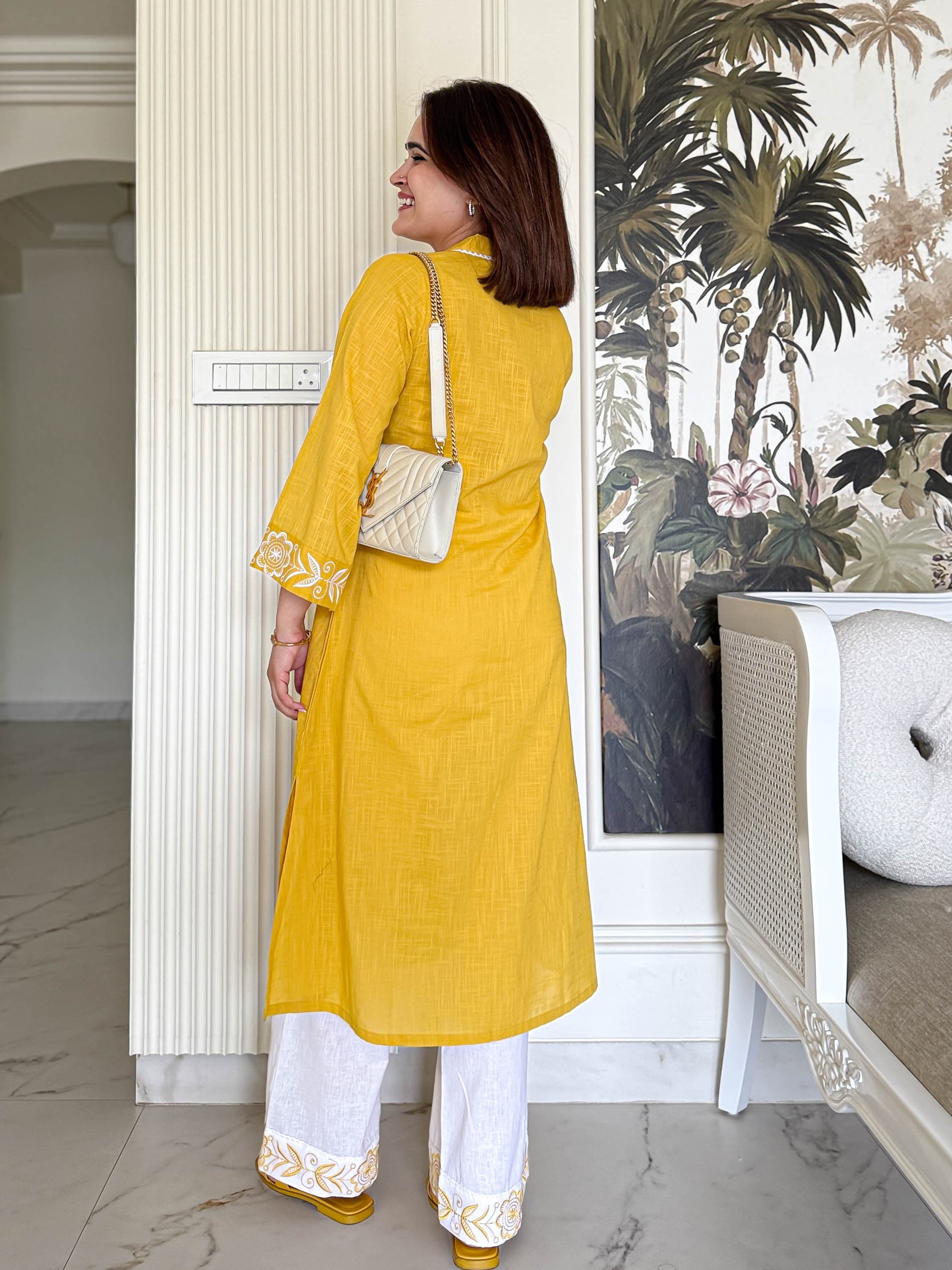 Mustard Yellow Kurta with White Embroidered Detailing