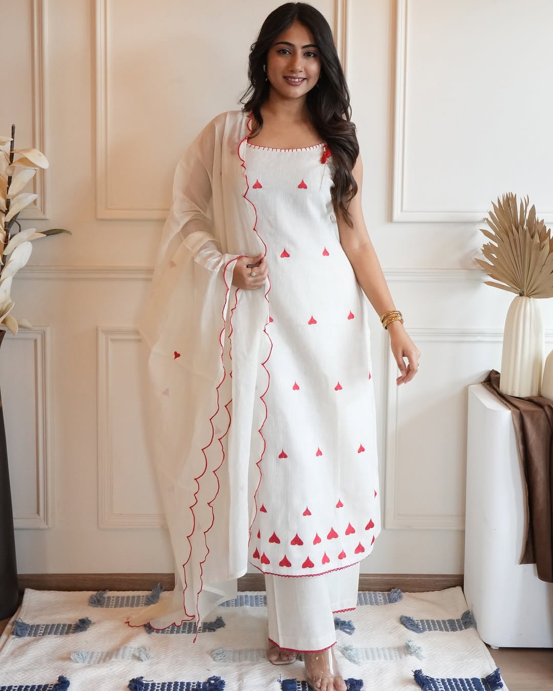 Elegant White Straight Kurta Set with Subtle Red Accents