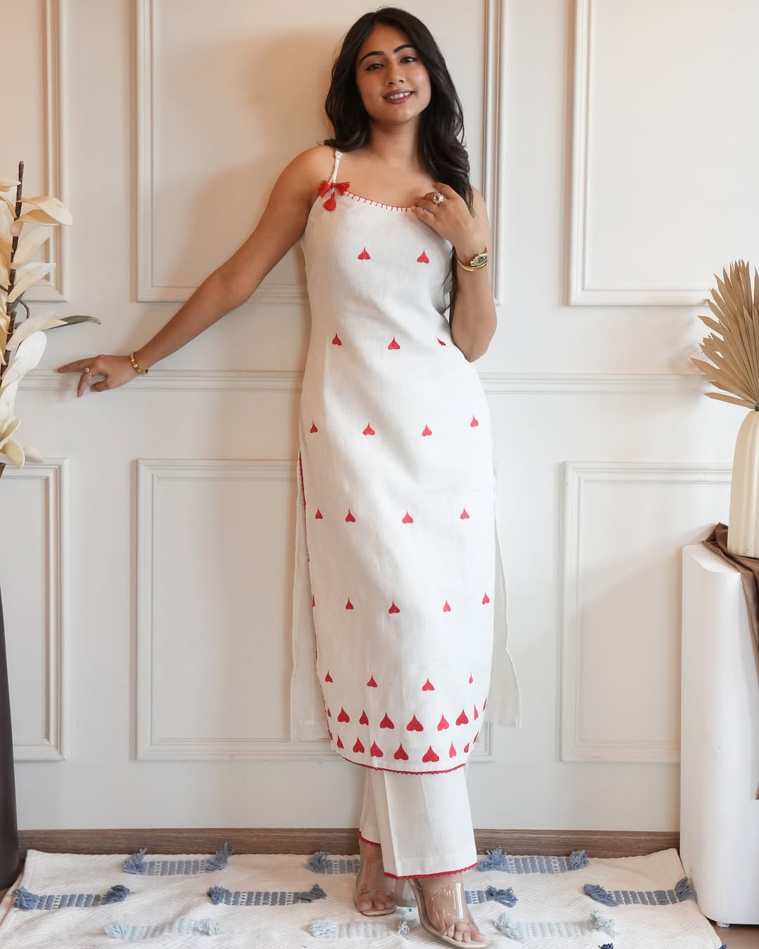 Elegant White Straight Kurta Set with Subtle Red Accents