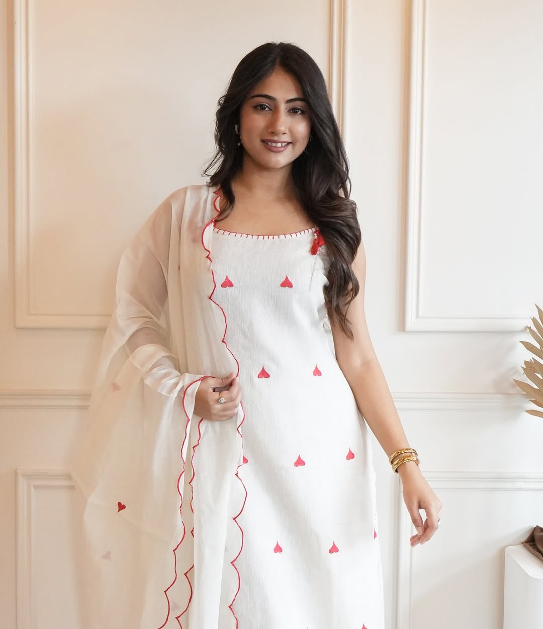 Elegant White Straight Kurta Set with Subtle Red Accents