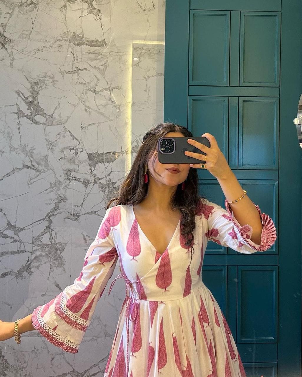 Graceful Pink Leaf Print Anarkali Set With Duppata