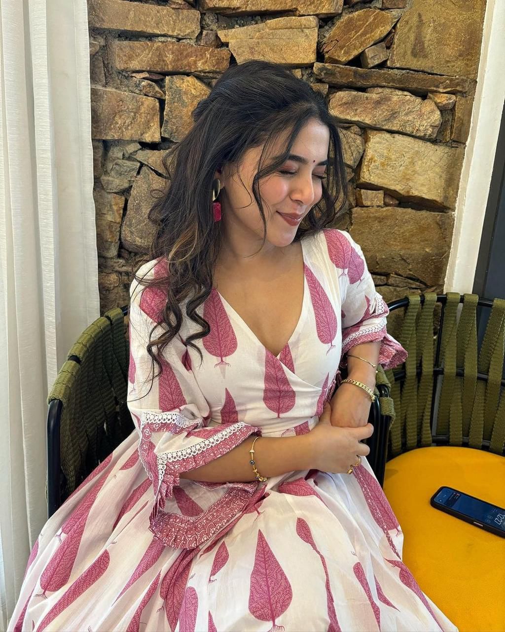 Graceful Pink Leaf Print Anarkali Set With Duppata