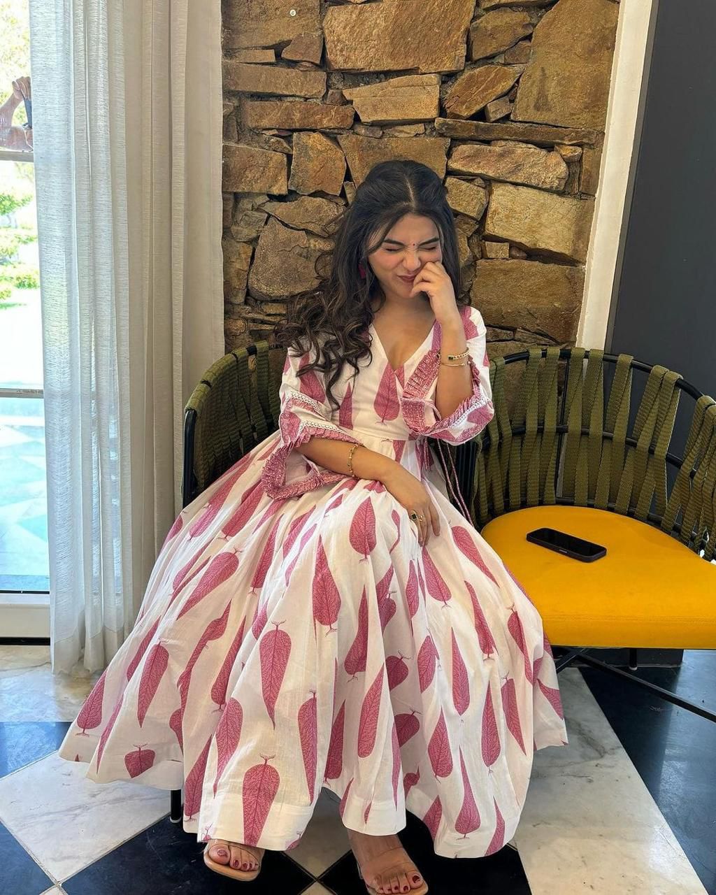 Graceful Pink Leaf Print Anarkali Set With Duppata