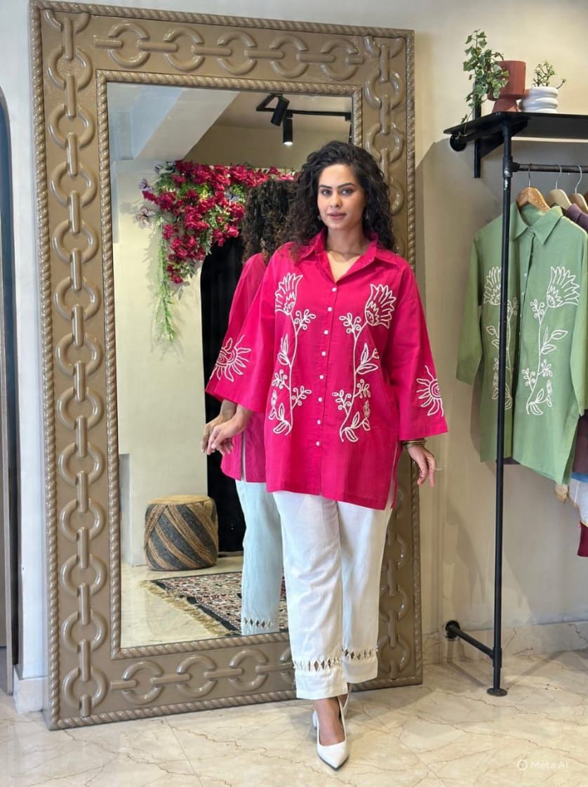 Floral Embroidered Oversized Shirt with Straight Pants