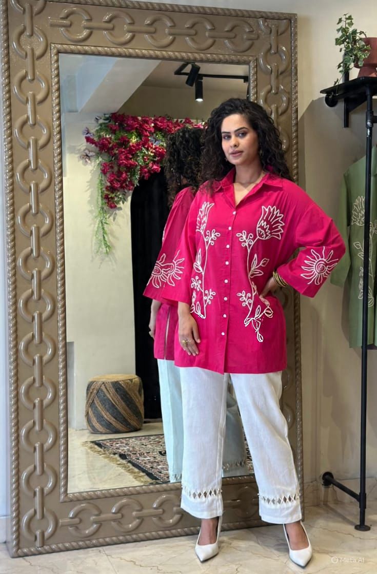 Floral Embroidered Oversized Shirt with Straight Pants
