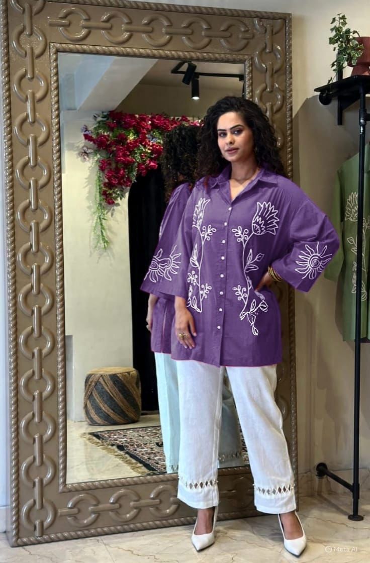 Floral Embroidered Oversized Shirt with Straight Pants