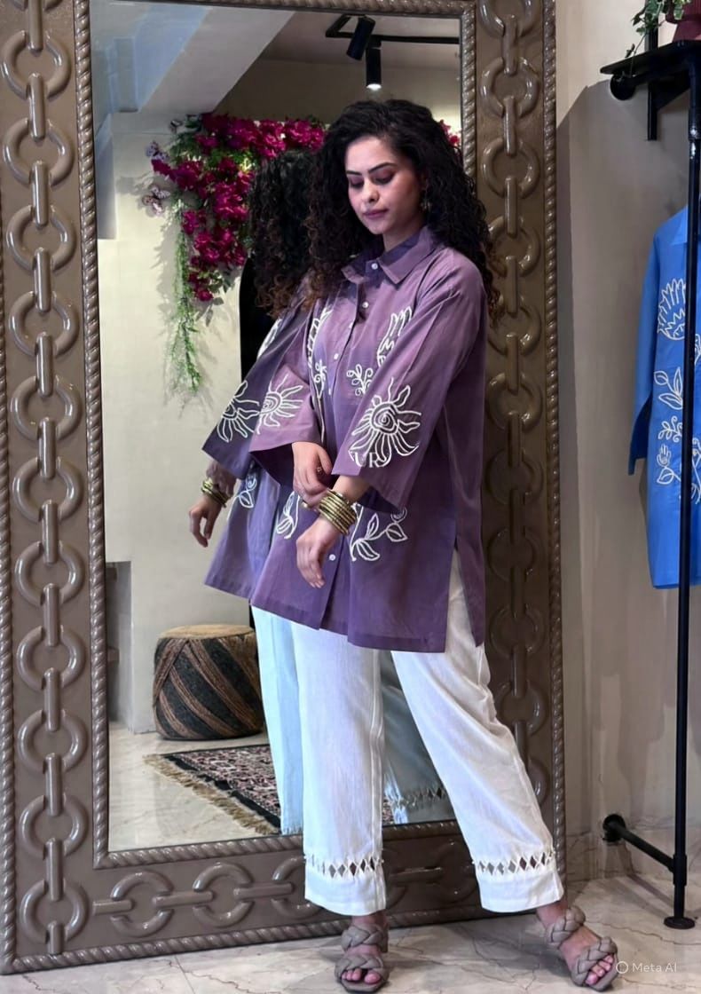 Floral Embroidered Oversized Shirt with Straight Pants