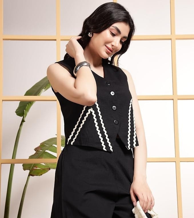 Elegant Sleeveless Black Co-ord Set with White Detailing
