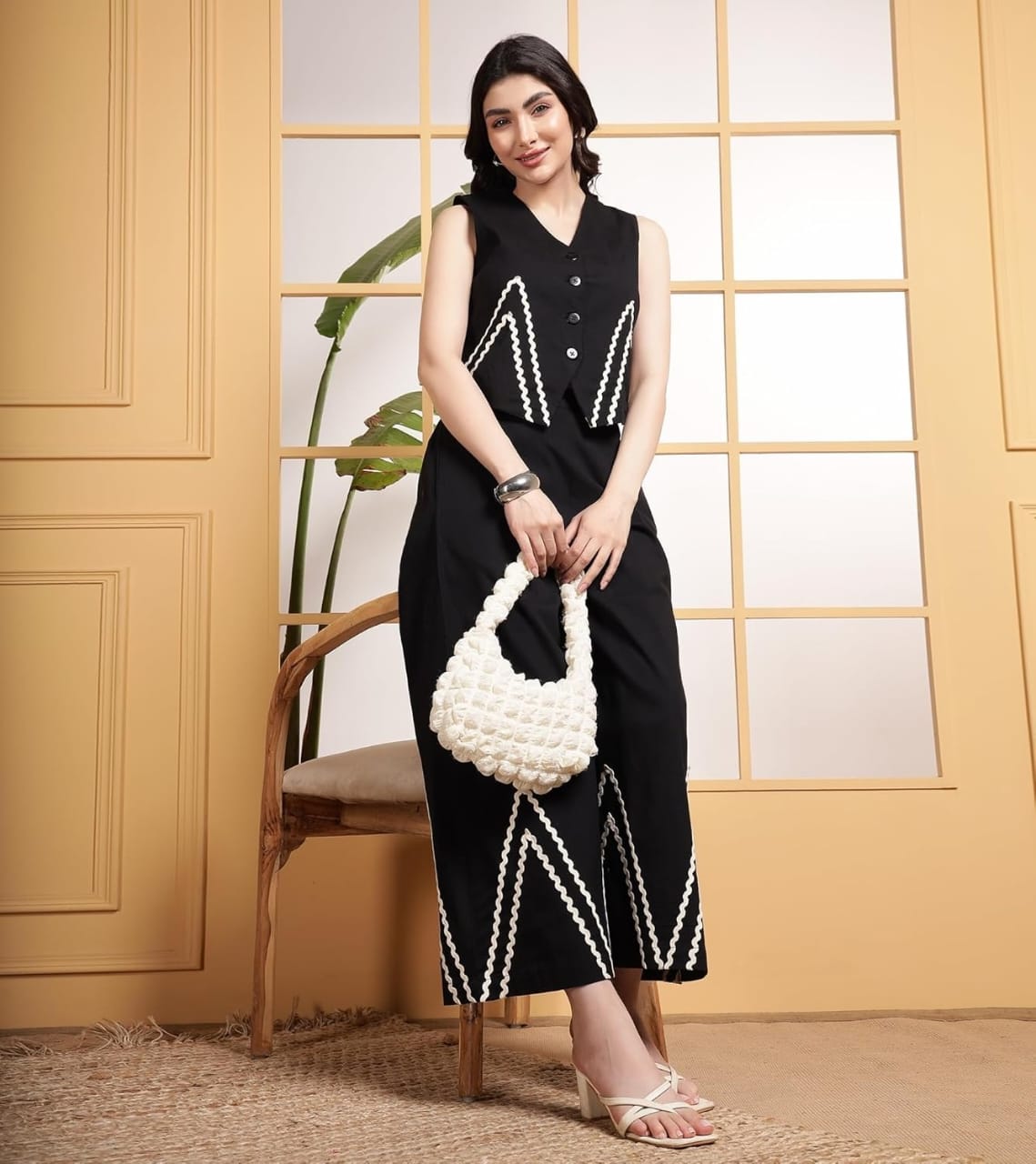 Elegant Sleeveless Black Co-ord Set with White Detailing