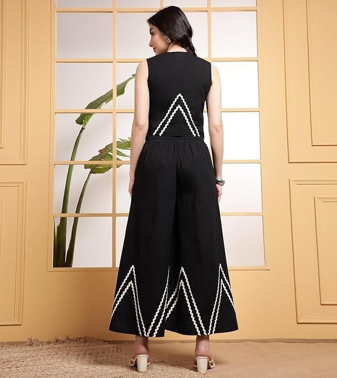 Elegant Sleeveless Black Co-ord Set with White Detailing