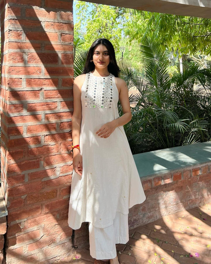 Mirror Work Halter Neck Kurta Set with Palazzo