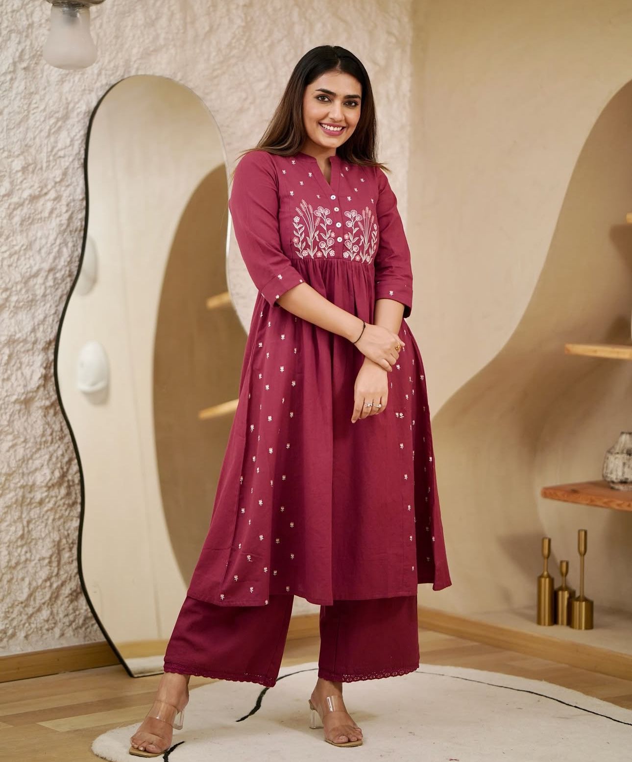Maroon Embroidered Kurta Set with Pockets
