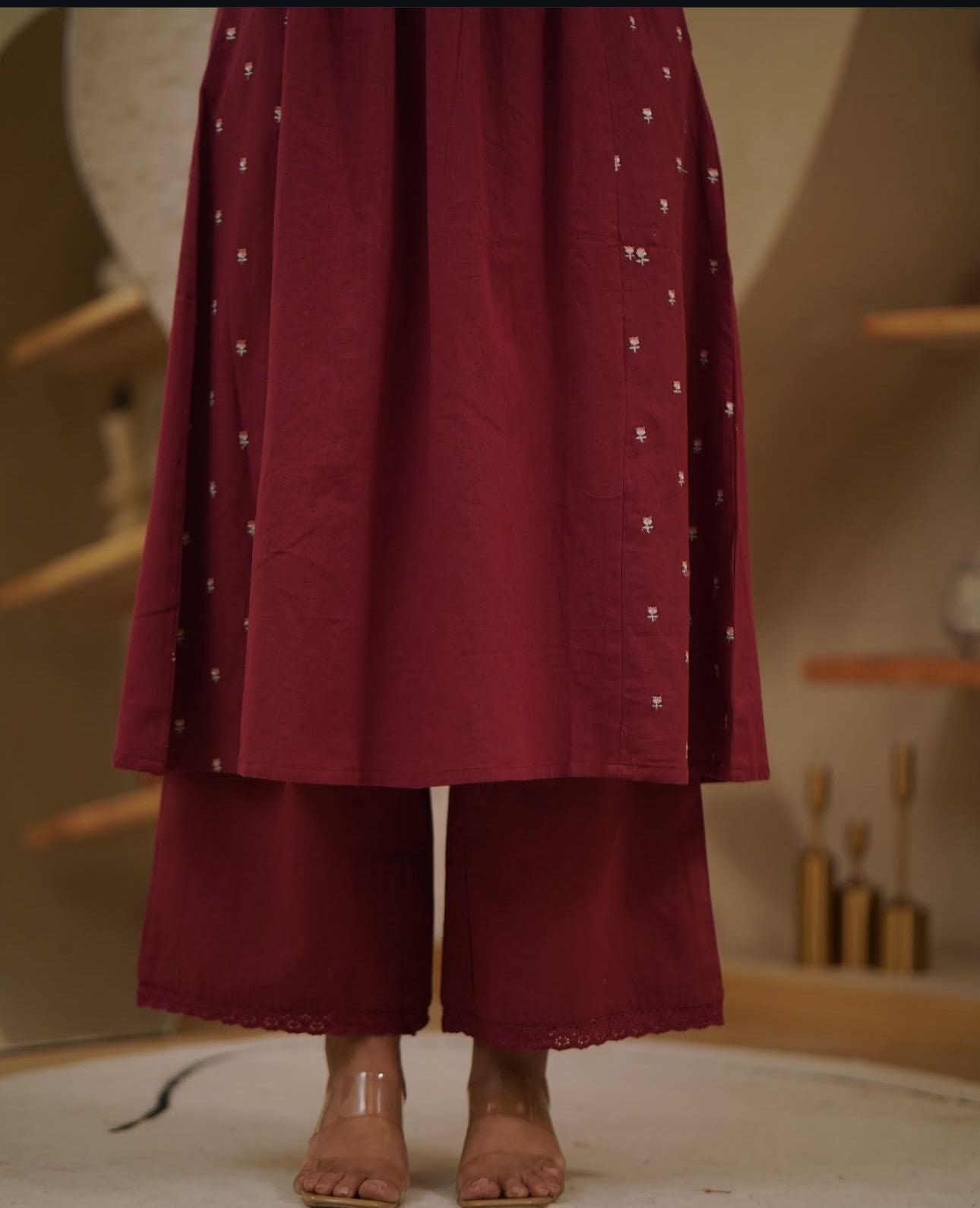 Maroon Embroidered Kurta Set with Pockets