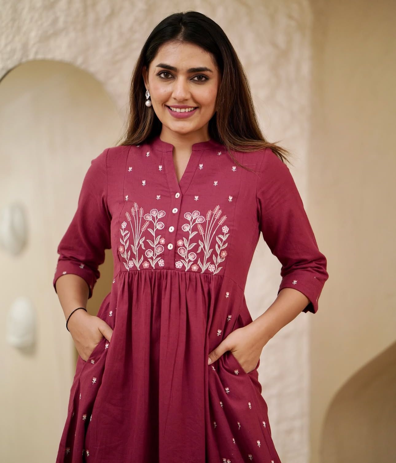 Maroon Embroidered Kurta Set with Pockets