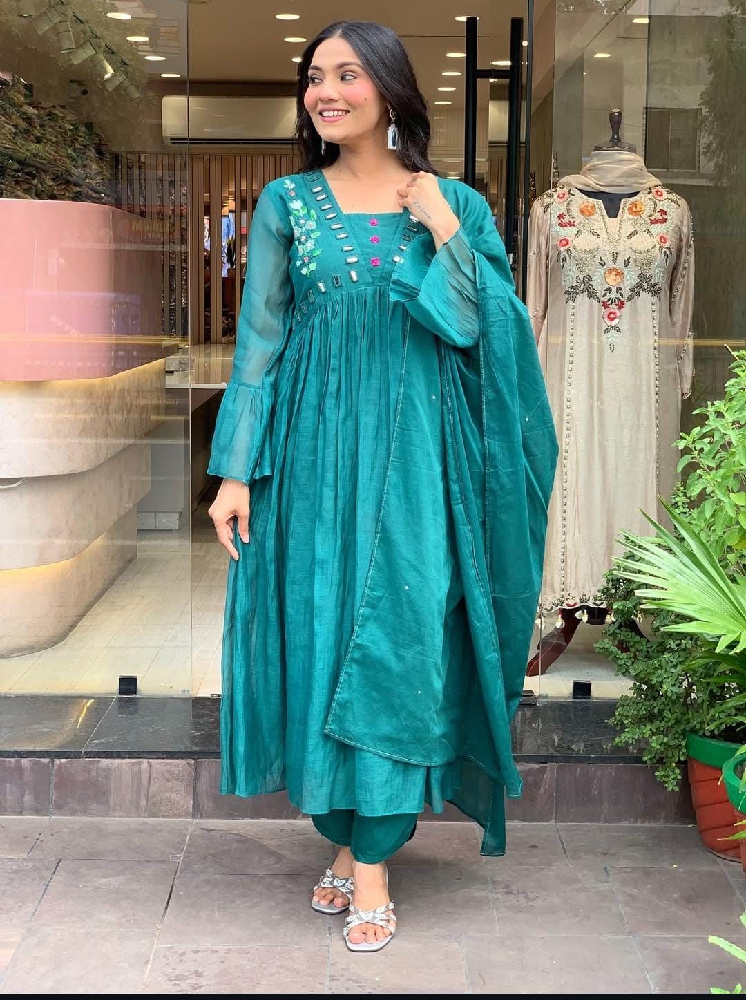 Elegant Teal Mirror Work Kurta Set