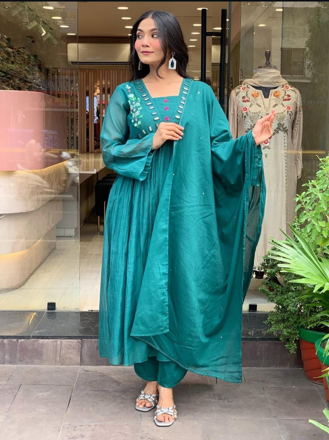 Elegant Teal Mirror Work Kurta Set